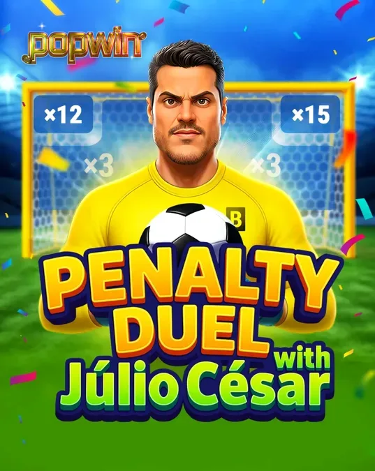 Tampilan antarmuka permainan Penalty Duel with Júlio César dengan latar stadion sepak bola.